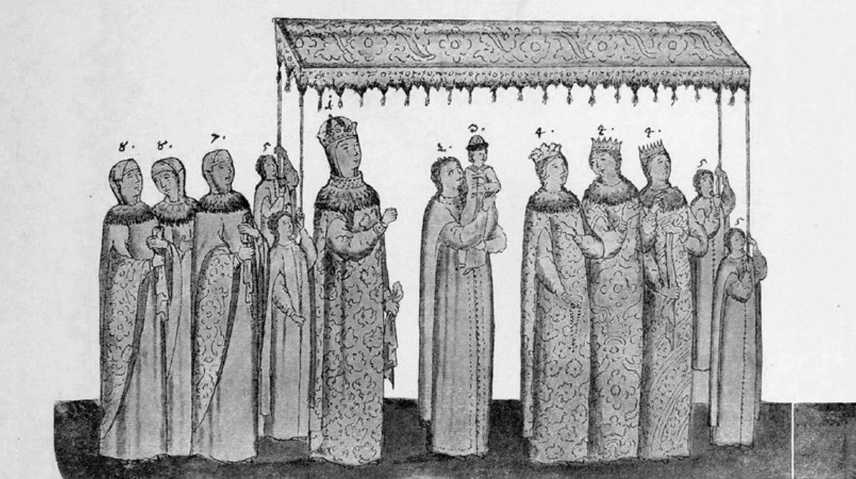 Выход царицы Марии Ильиничны с царевичем и царевнами.webp