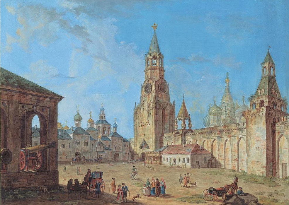 Вид с юга на церкви вмч Екатерины (слева), Георгия (в центре) и Михаила Малеина с колокольней (справа) Вознесенского монастыря