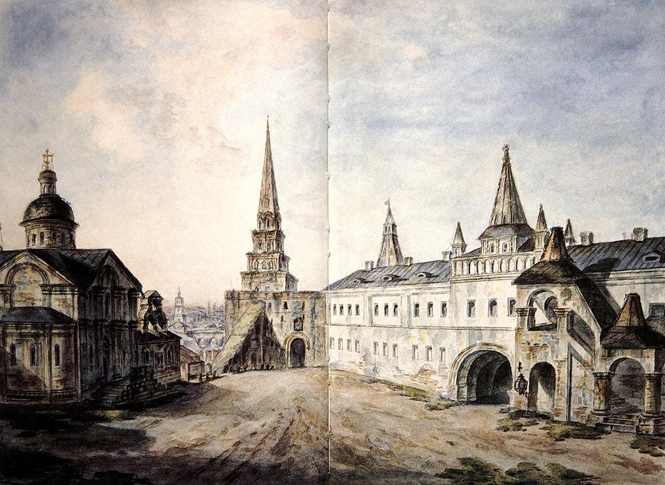 Конюшенный двор (справа), Боровицкая башня и Церковь Иоанна Предтечи (слева)