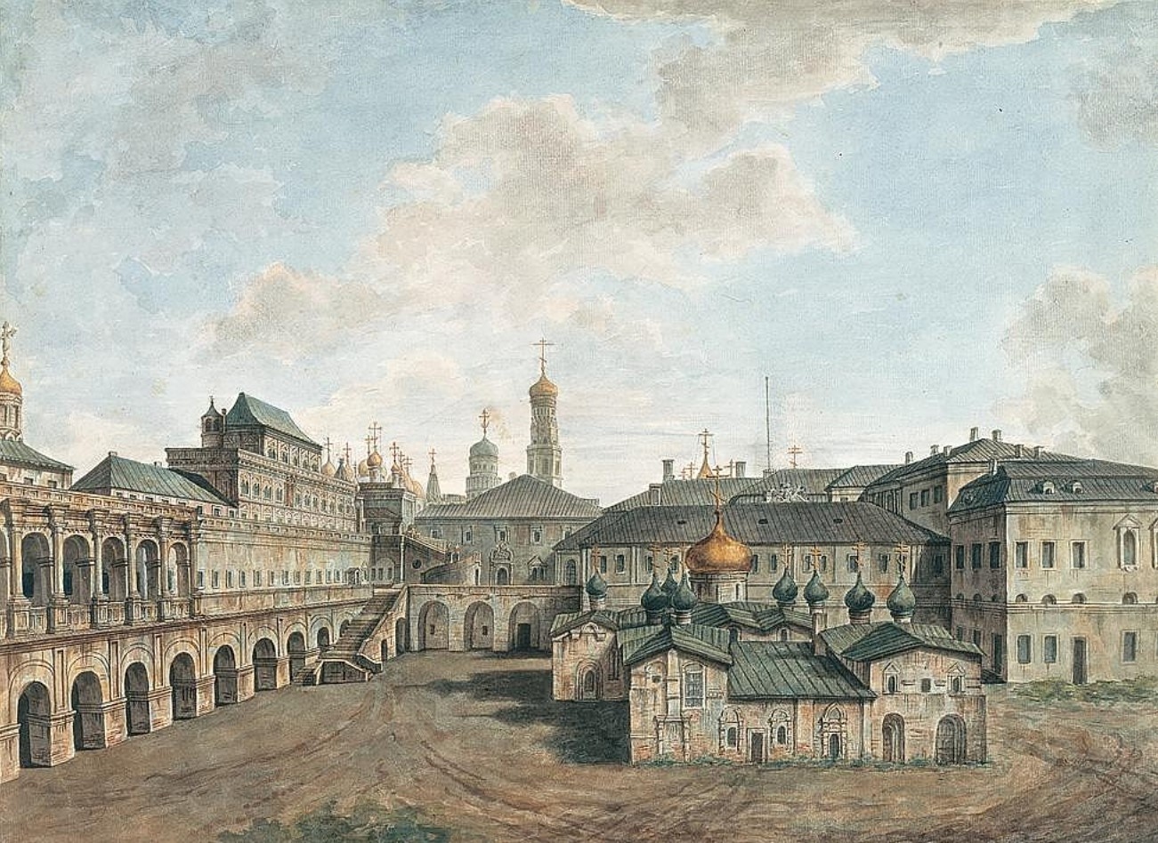 В центре во дворе церковь Спаса на Бору. Ф. Алексеев, начало 1800-х г.г.