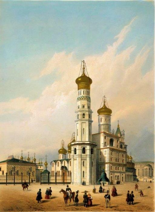Литография раскрашенная «Колокольня "Иван Великий" в Московском Кремле».